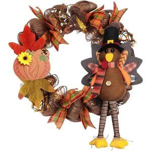 Thanksgiving Wreath Decorations,\ with Plush Turkey Wooden Pumpkin Maple Leaves